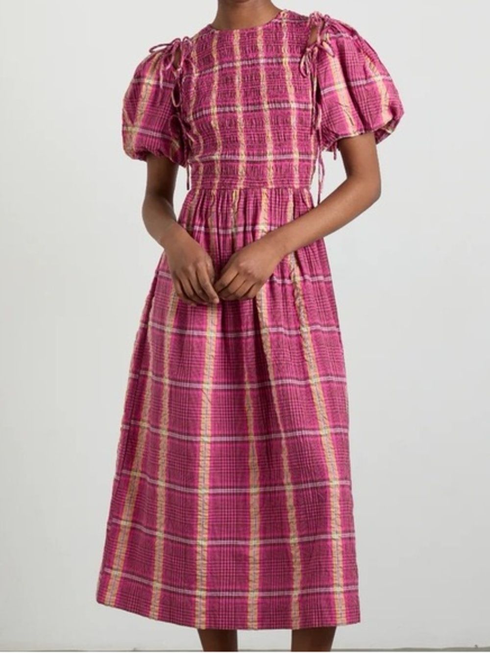 Us Together / damson madder inspired Plaid Midi Dress with Puff Shoulders M